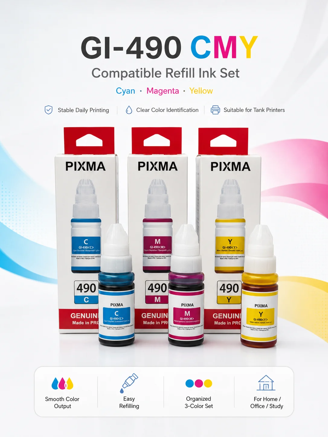 

GI-490C M Y Ink Bottle Set Compatible for Canon PIXMA Printer Refill Ink Dye Ink Color Ink High Yield Replacement Ink
