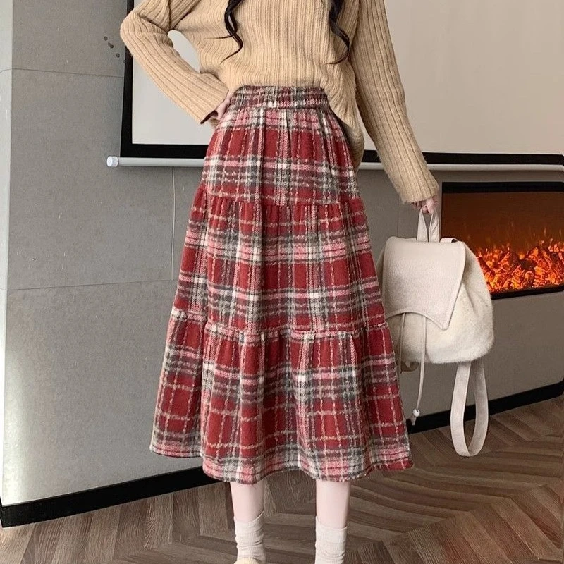 Vintage Woolen Skirts Woman Plaid Ruffles Autumn Winter Sweet Long Skirt Korean Fashion Elegant A-line Jupe Femme