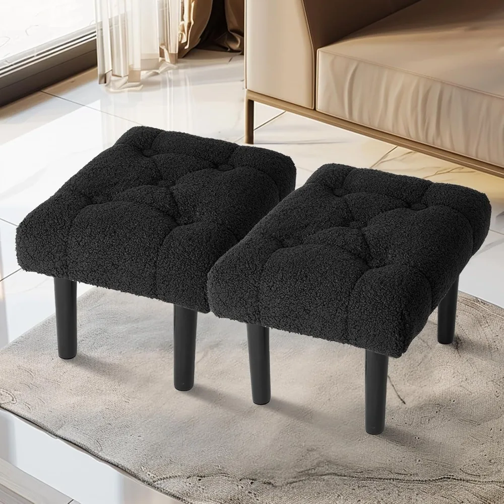 Fur Padded Foot Stool, Small Ottoman Foots Rest with Wooden Legs,Modern Rectangle Chair Foot Rest Foots Step Stool for