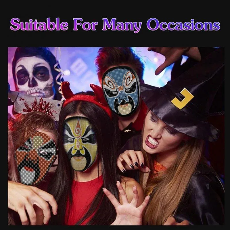 أقنعة وجه LED ذكية قابلة للبرمجة، تطبيق بلوتوث للتحكم في تغيير الوجه، صور DIY لعرض الحفلات، قناع إضاءة LED لجميع القديسين