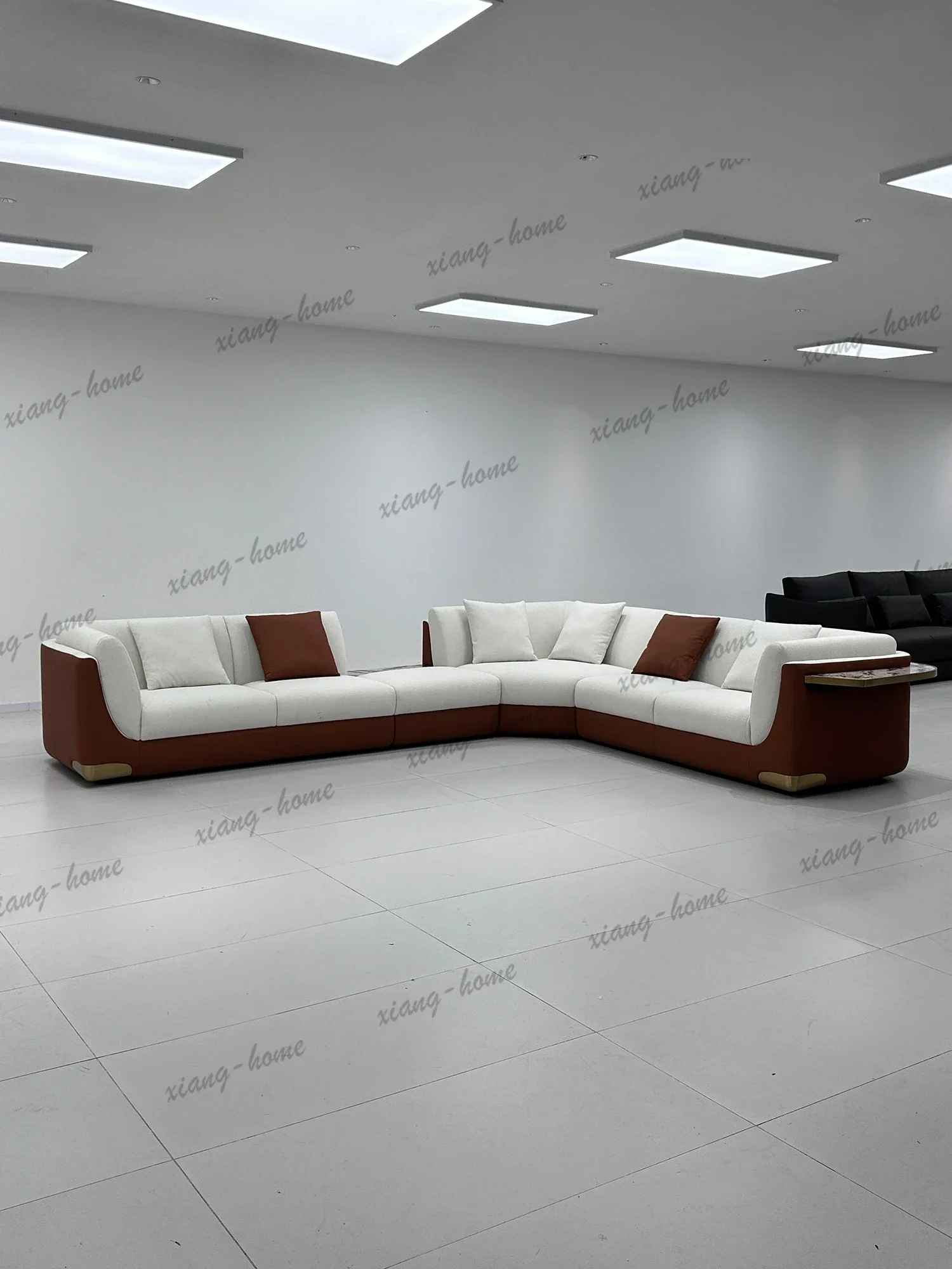 PG White Boucle U Shaped Modular Sectional Sofa Cognac Accent Brass Feet Pillow Backrest Deep Seat For Living Room Villa Bedroom