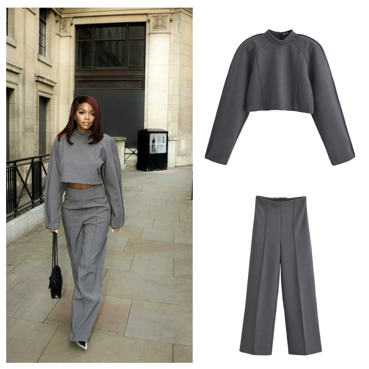 High-end temperament commuting two-piece suit for women half-high collar loose casual top with high waist straight wide-leg pan