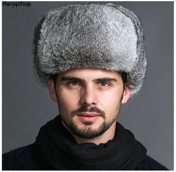 High Quality Mens 100% Real Rabbit Fur Winter Hats Lei Feng hat With Ear Flaps Warm Snow Caps Russian Hat Bomber Cap