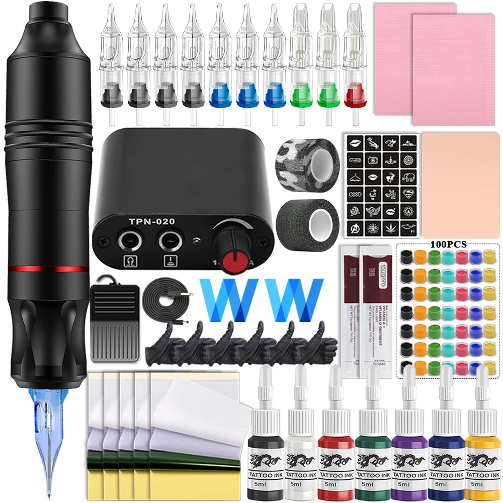 

Complete Tattoo Pen Machine Kit Rotary Tattoo Gun Set Tattoo Beginner Set With Mini Power Supply for Permanent Makeup Body Arts