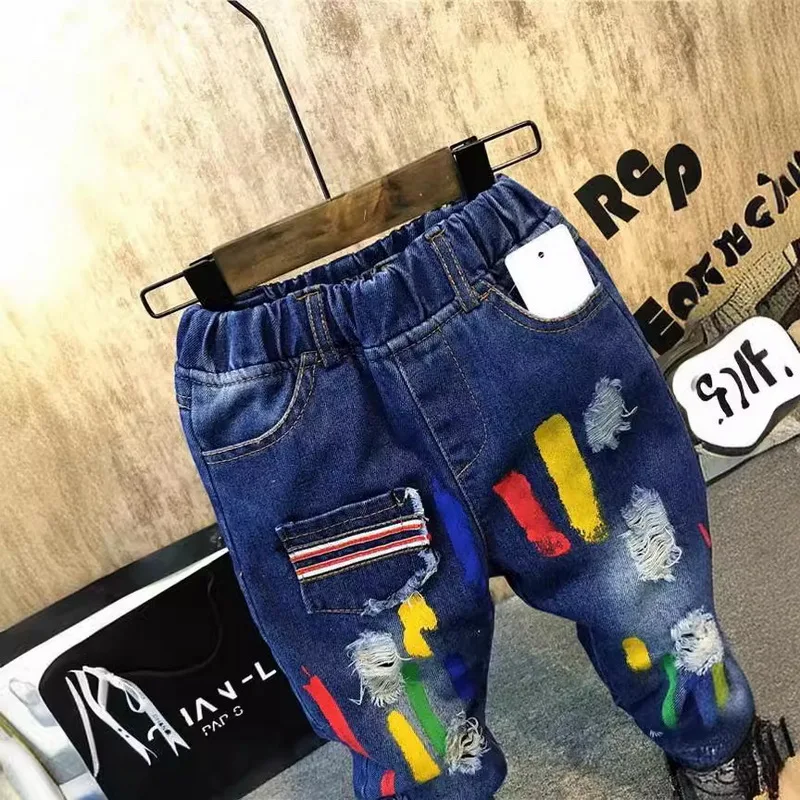 Graffiti Hole Jeans Baby Boys Jeans Kids Pants Casual Pants Spring Autumn Kids Trousers Navy Blue Fashion Baby Clothing (B1123