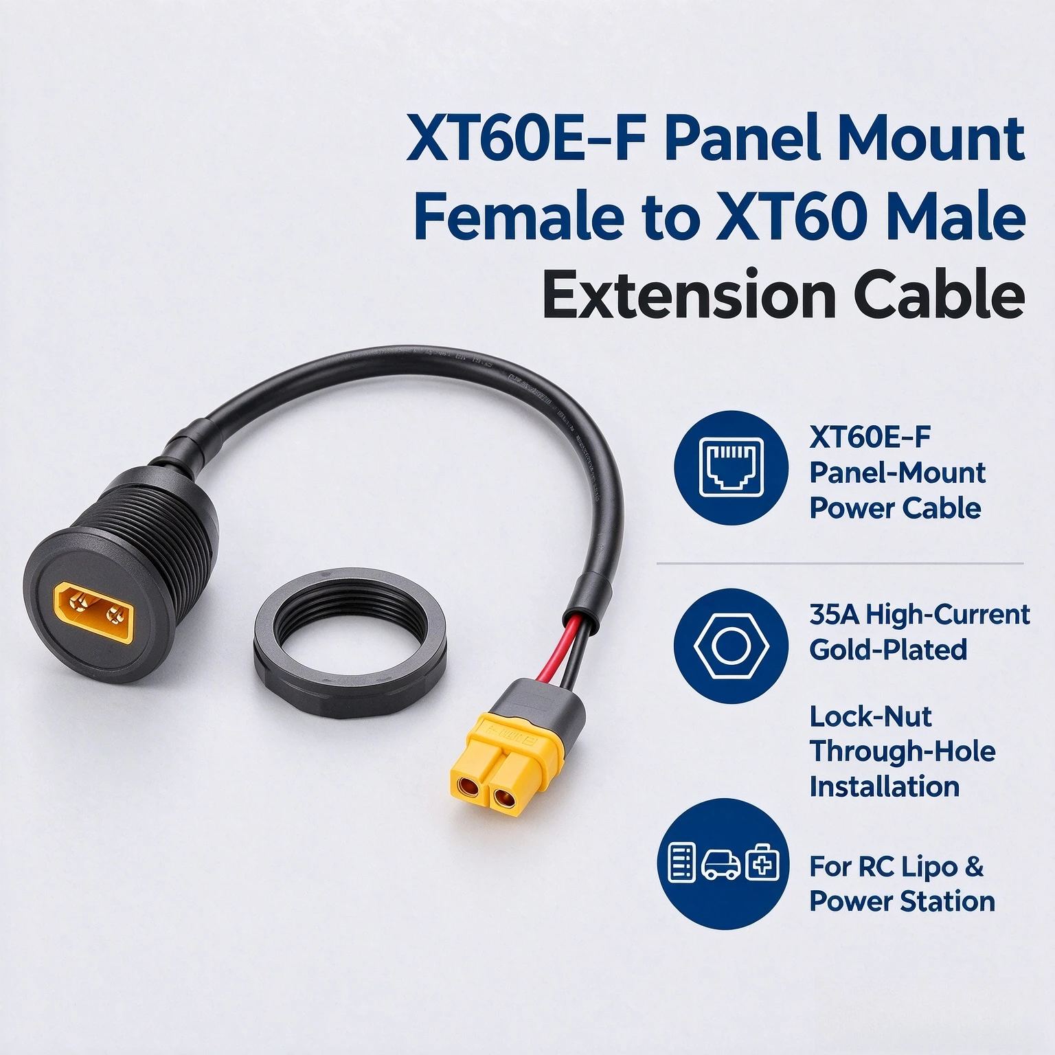 XT60E‑F Panel Mount Female to XT60 Male Extension Cable High‑Current Through‑Hole Power Connector Pigtail Wire RC Energy Storage