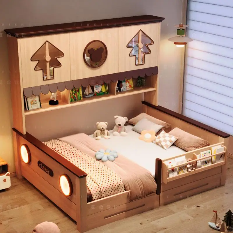 Log color children's wardrobe bed integrated small apartment household tatami space saving bed with guardrail boys and girls