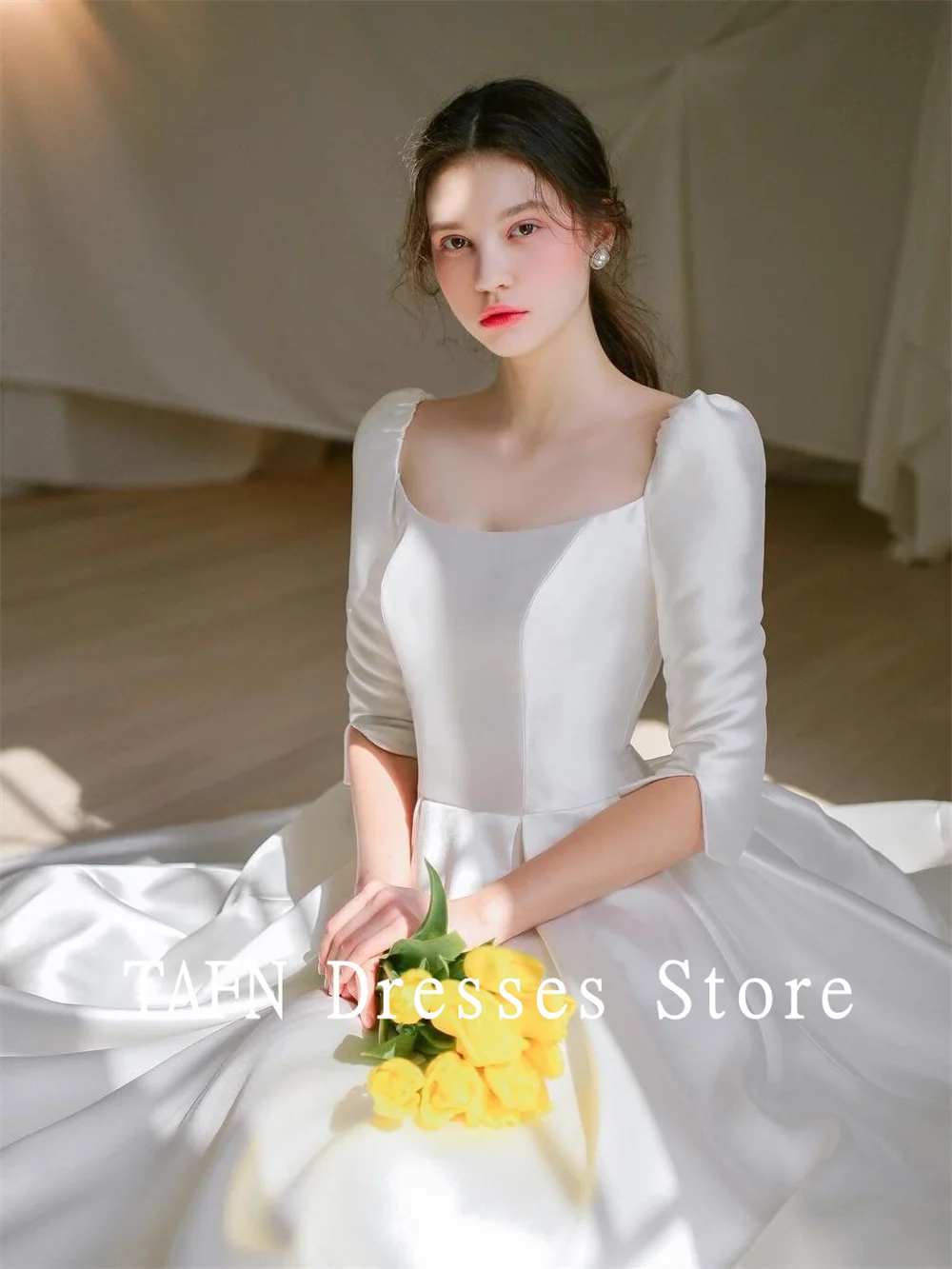 TAFN White Satin Wedding Dresses A-line Draped Scoop Collar Long Sleeves Bridal Gown Custom Made Photo Shoot Korea Dresses