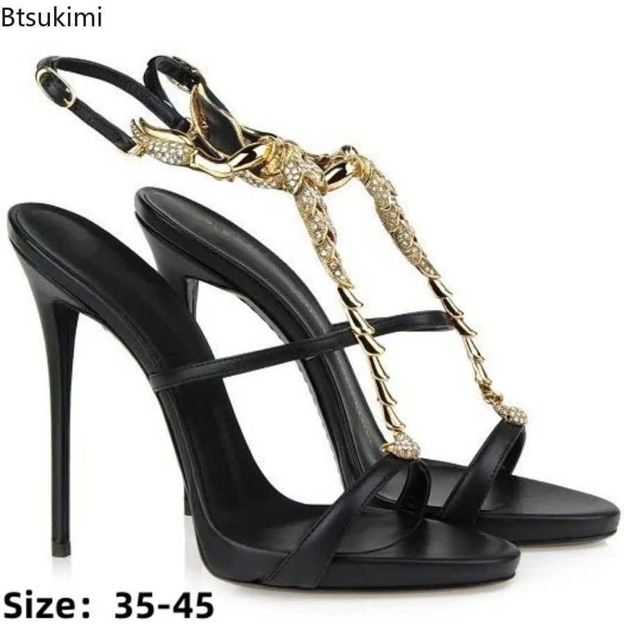 New Golden Decor Crystal Heeled Sandals Strappy High Heels Women Luxury Designer Shoes Summer Black Ladies Dress Party Sandalias