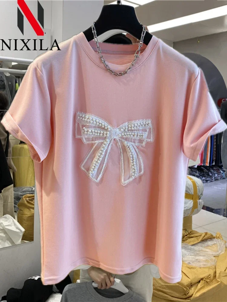 New in Summer Knit Elegant Women\'s T-shirt Pearl Bow O Neck Oversize Short Sleeved Tops Loose Korean Fashion Female Clothing