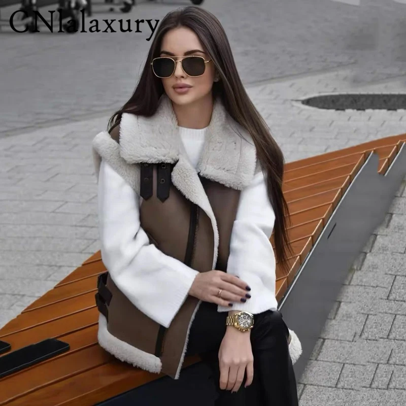 CNlalaxury Women Fashion Patchwork Sleeveles Leather Vest Waistcoat Loose Lapel Suede Jacket Coat 2023 Autumn Chic Outwear