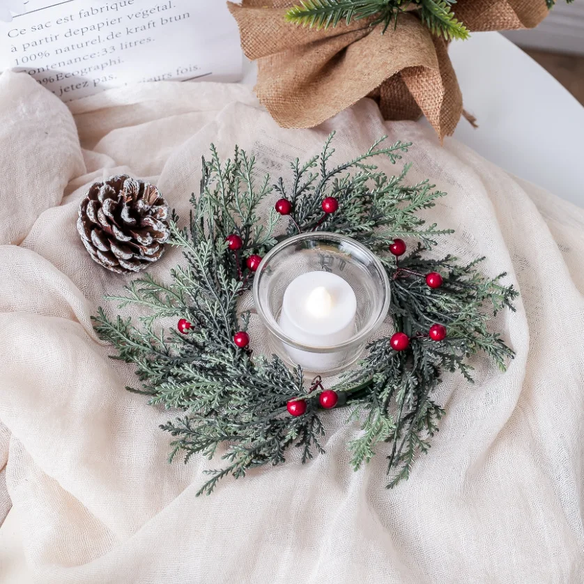

Pine Needle Candlestick Wreath for Christmas Table Decoration Artificial Leaves Candle Ring Candlestick Garland Home Decor
