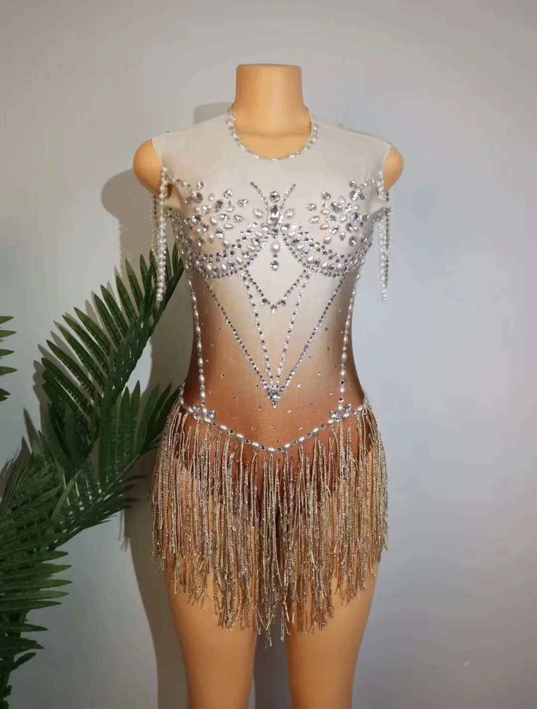 

Latin Dance Outfit Sexy Diamond Tassel Elastic Bodysuit Dress DJ Nightclub Bar GOGO Singer Stage Party Rave Prom Club Costume
