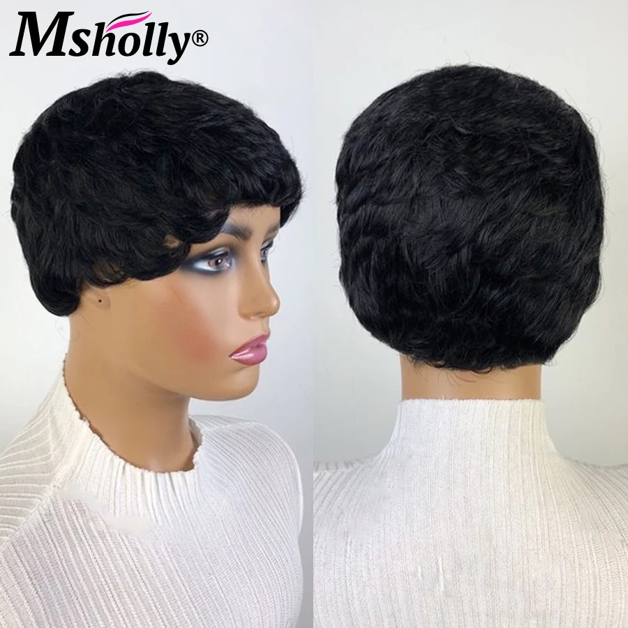 Water Wave Wigs Short Pixie Cut Human Hair Wig Full Machine Made Wig With Bangs Short Bob Cut Wig Preplucked Brazilian Hair Wigs