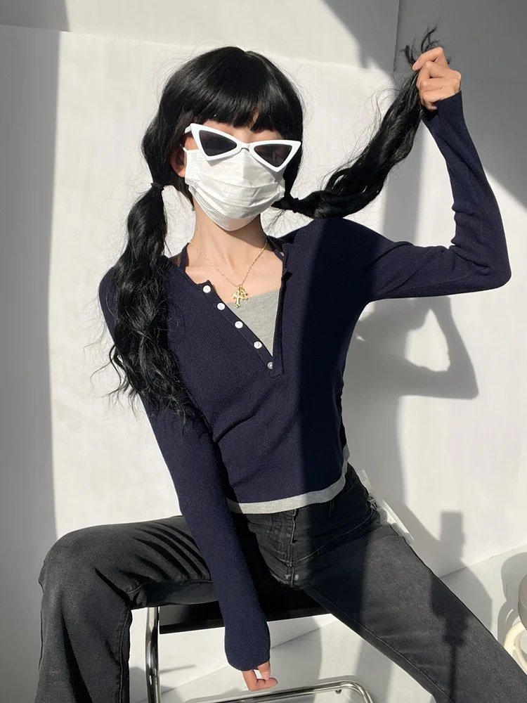 American ABG Spicy Girl Sle lavorato a maglia Ne Hanging irt Slim Fit oulder High Long Sve Base irt Street Sle ort Lunghezza