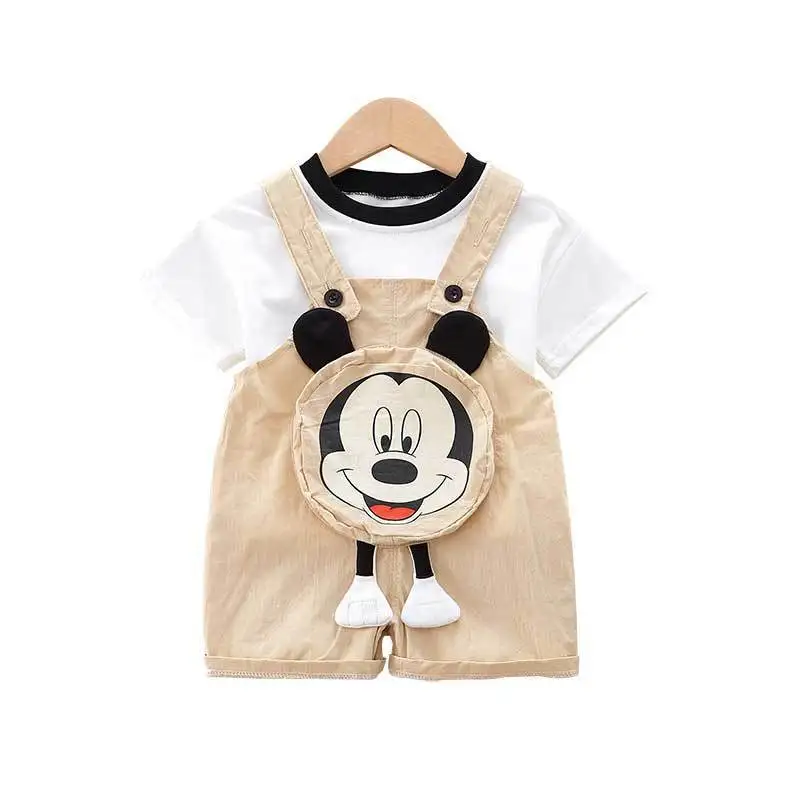 Summer Baby Boys Girls Rompers Newborn Short Sleeve T Shirt + Brace 2 Pcs Sets Cartoon Mickey Mouse Infant Cotton Kids Jumpsuits