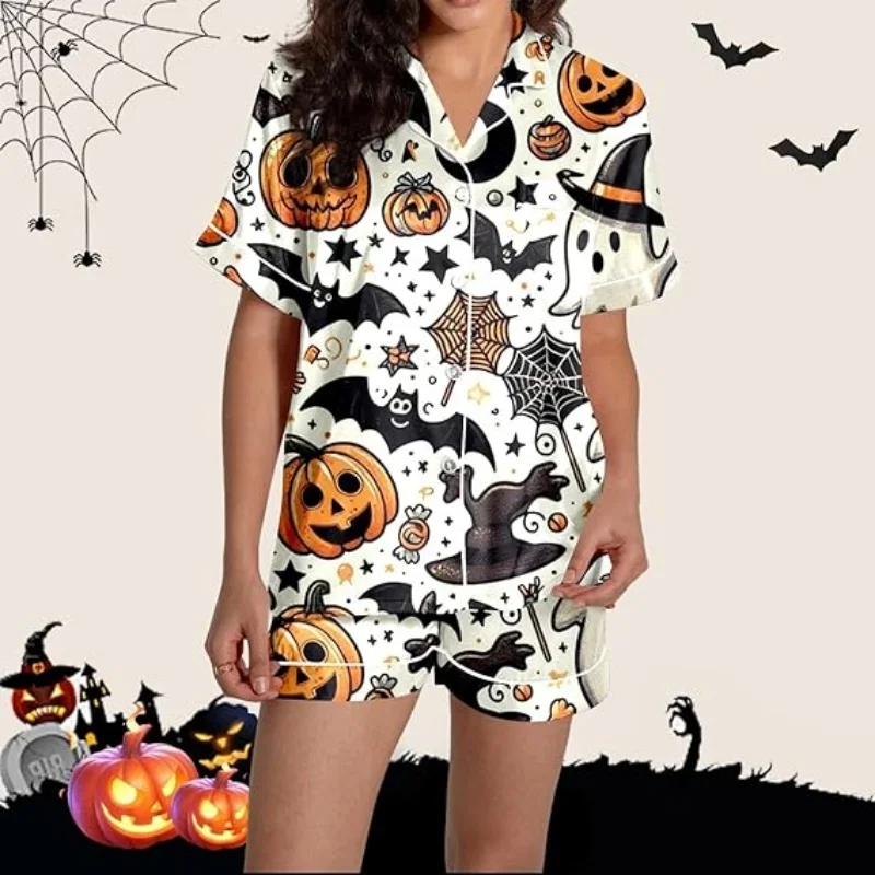 

Women 2 Piece Halloween Pajama Set Pumpkin Ghost Short Sleeve Button-up Tops and Elastic Waist Shorts
