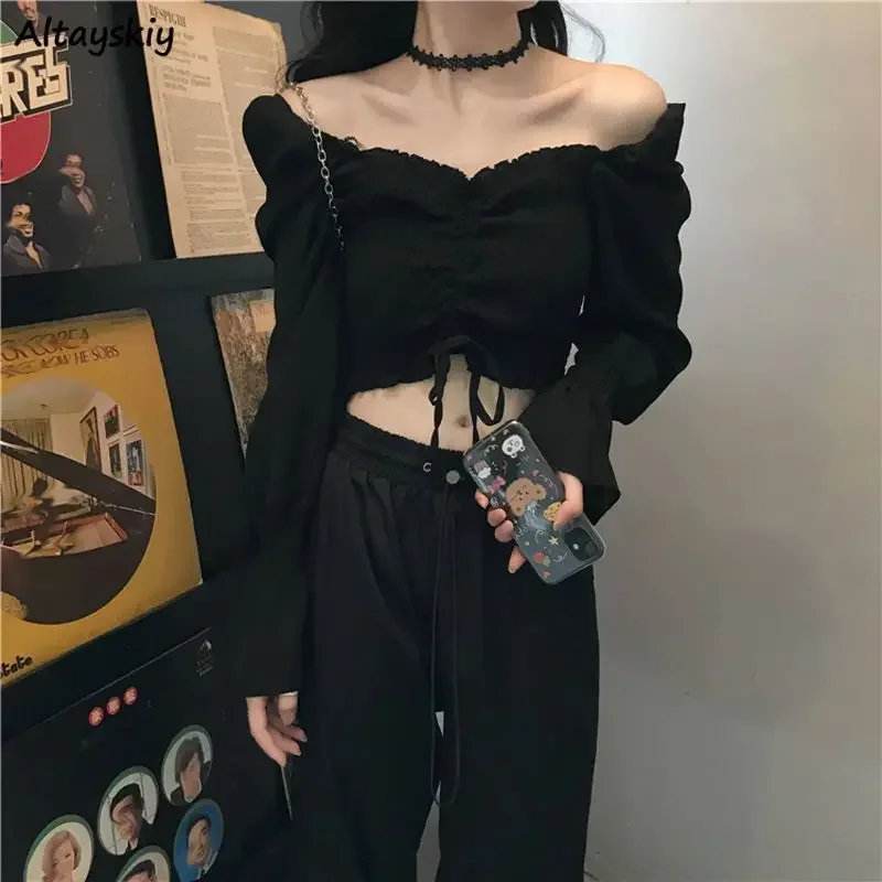 

French Style Crop Tops Women Blouses Casual Slim Sexy Long Sleeve Off-shoulder Pleated Hotsweet Spring Autumn Slash Neck Elegant
