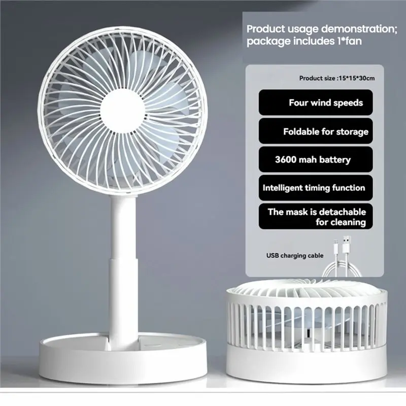 [HOT!A24R】 Foldable Desk Fan Portable Rechargeable 3600Mah Telescopic Table Fan Timer 4-Speeds Adjustable Height