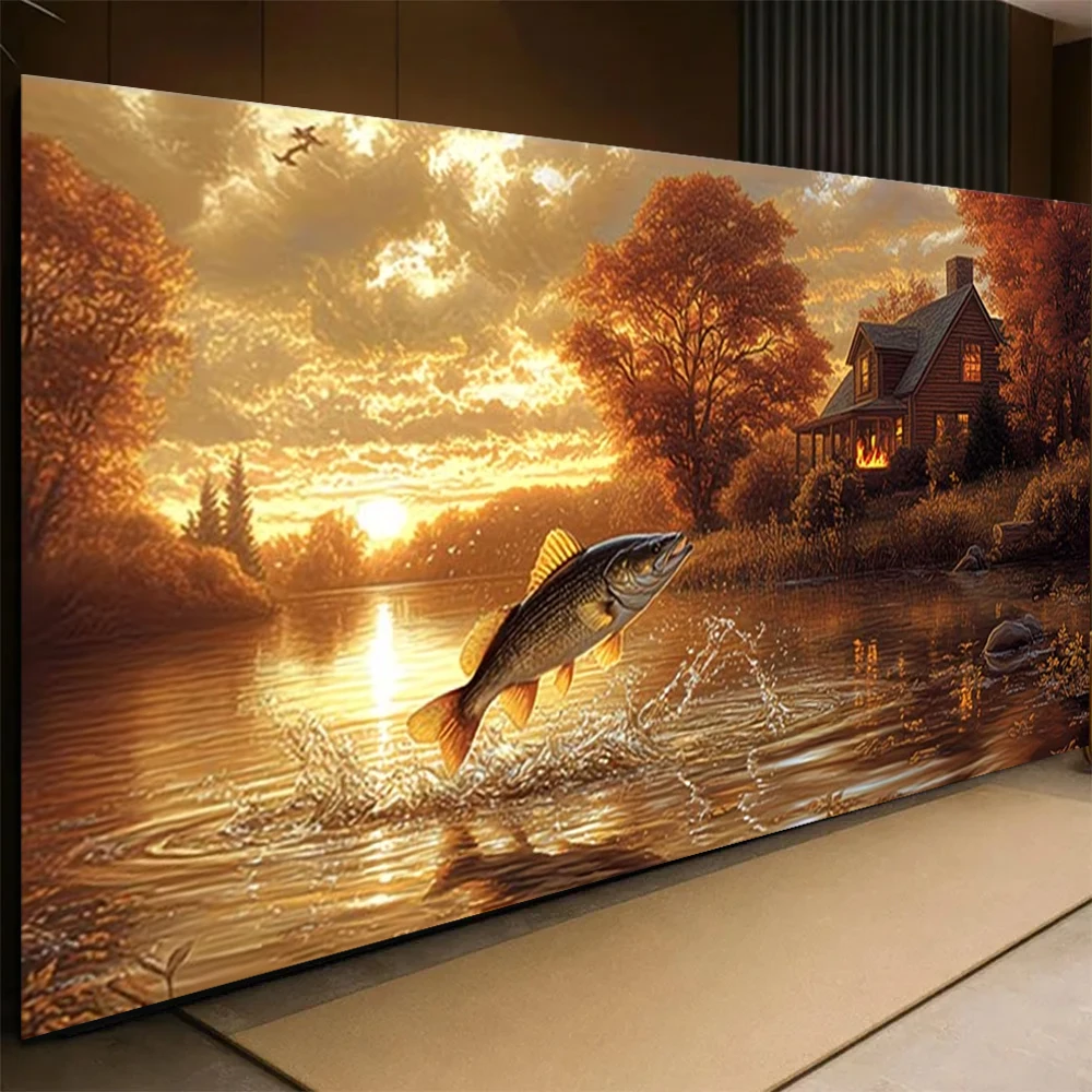 

Набор для алмазной вышивки DIY: Картина «Осеннее уединение на берегу озера» с прыгающей рыбой, большой размер