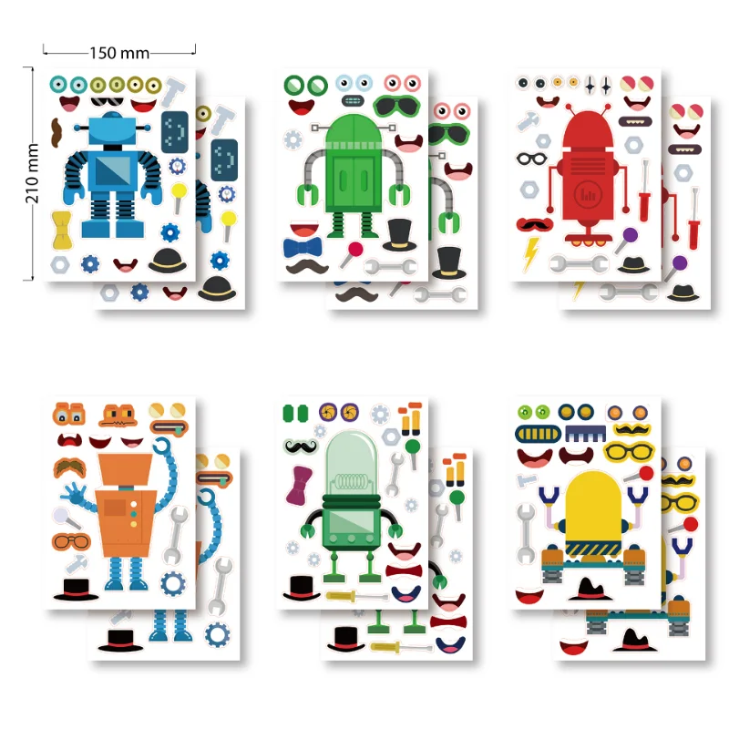 6Pcs/set Cartoon Robot Series Puzzle Stickers Boys Love Technology DIY Puzzle Stickers Cool Children Education Stationery