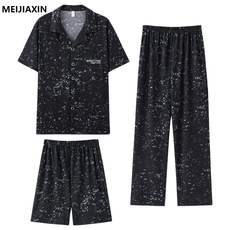 Summer Cotton Men Pyajams Print Male Sleepwear Short Tops+Short Pants+Long Pants 3Pcs Sets Mens Pajamas L-4XL