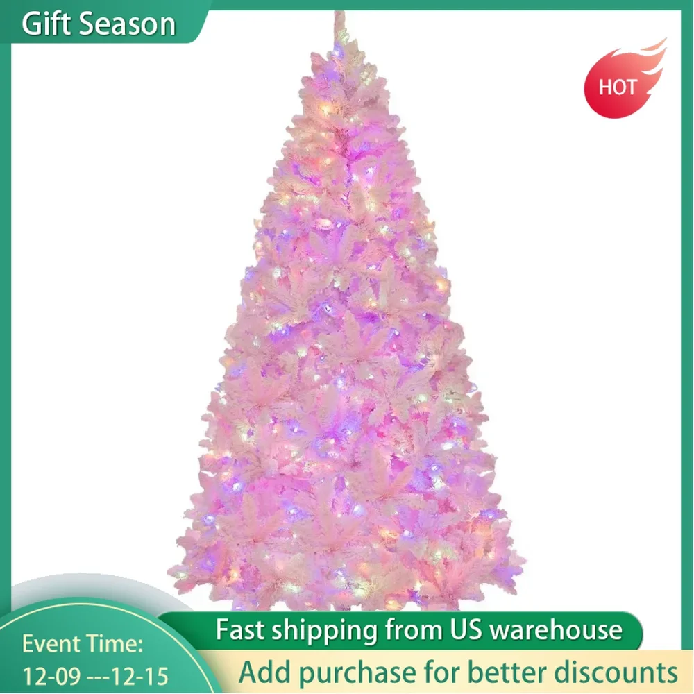 7FT Pink Christmas Tree, Hinged Artificial Christmas Tree with 1200 Branches, 8 Lighting Modes, and 500 Multi-color LED Lights