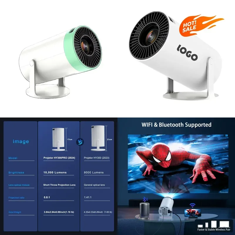 HY300/HY300 Pro Mini Stand 4k Video Projector Wireless Wifi Home Light Emitting Diode Portable Video Full high definition