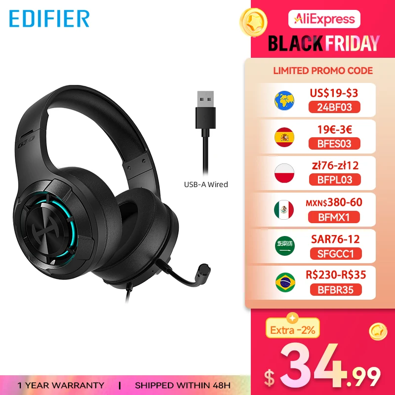 Edifier G30 II игровая гарнитура 7,1 объемный звук USB проводные наушники для геймеров с микрофоном для ПК PS4 PS5 Xbox