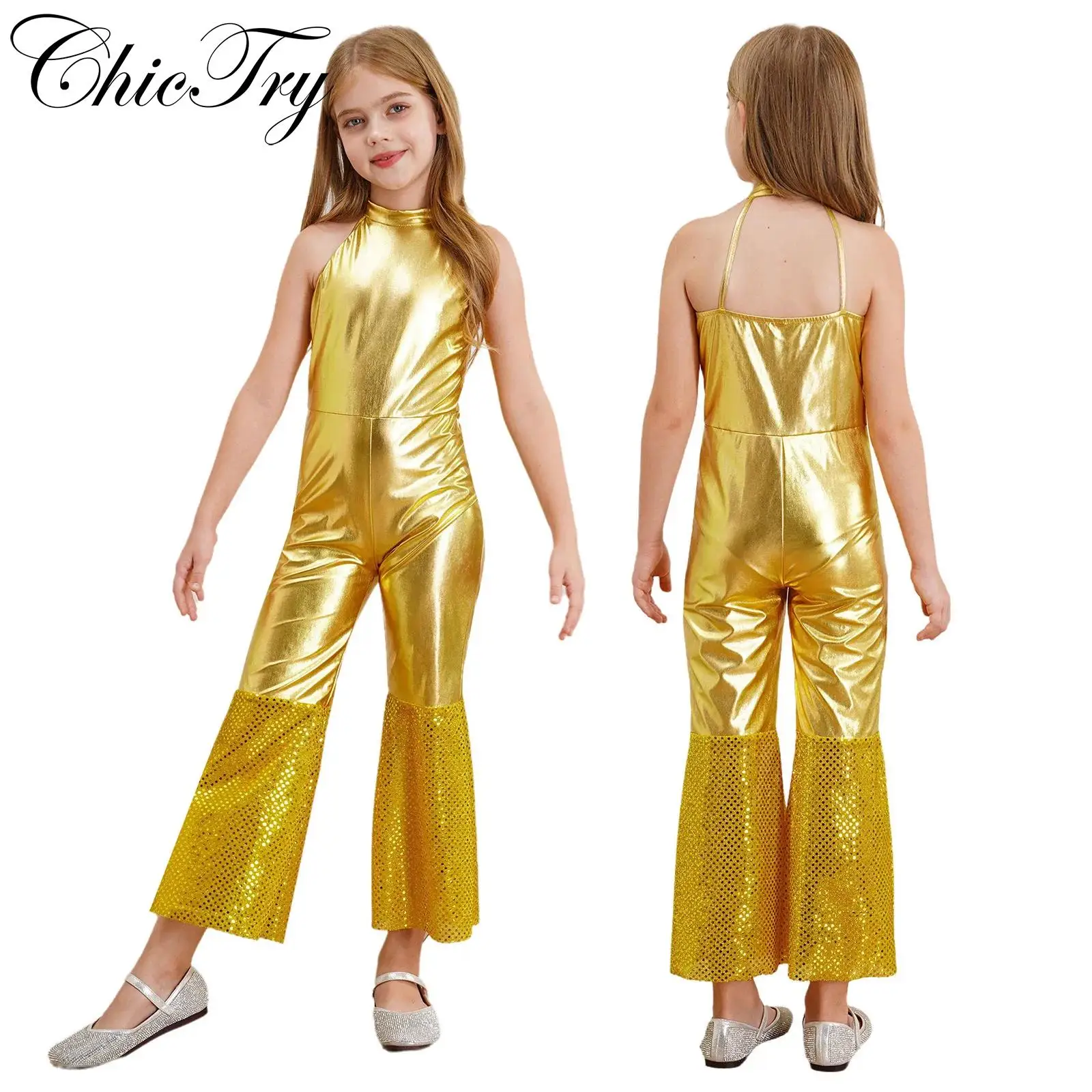 Kids Girls 70s Retro Hippie Disco Jumpsuit Sleeveless Shiny Metallic Sequins Bell Bottom Jazz Dancewear Cosplay Party Romper