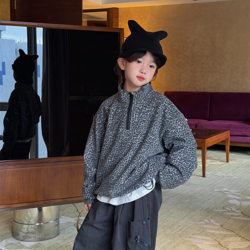 Boys Hoodie 2026 Autumn And Winter Childrens Clothing Korean Style Boys And Girls Fashion Leopard Print Pullover Hoodie