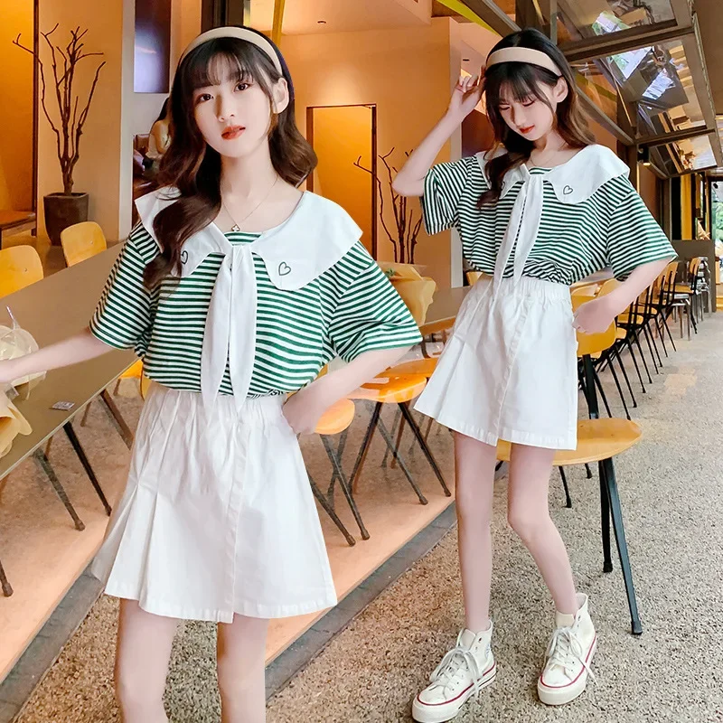 

2PCS Children Clothing Sets for Girls Summer Teen Kids Clothes 6 8 10 12 Year Girls Striped T-shirt+Pantskirt Suit Outfits