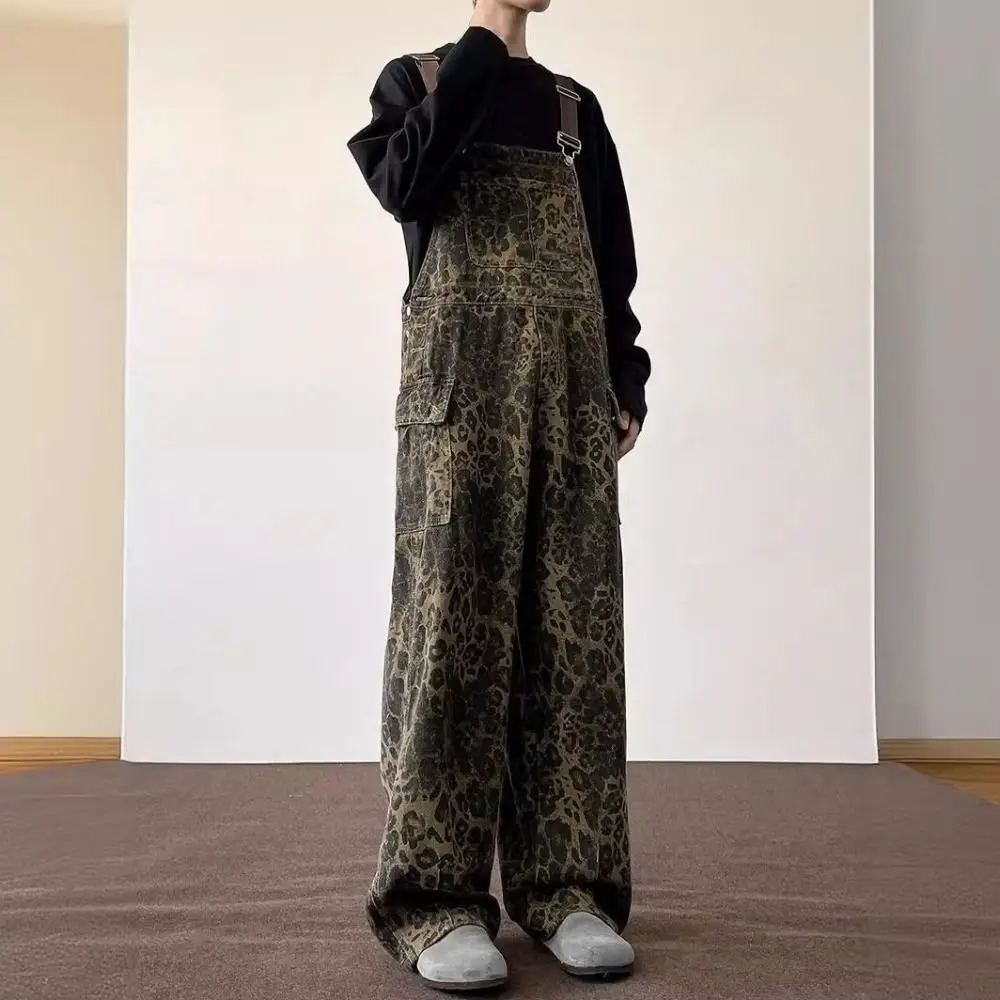 

Female Clothing Baggy Leopard Print Overalls Wide Leg High Waist Rompers Women Y2k Retro Straight Leg Leopard Print Pants Girls
