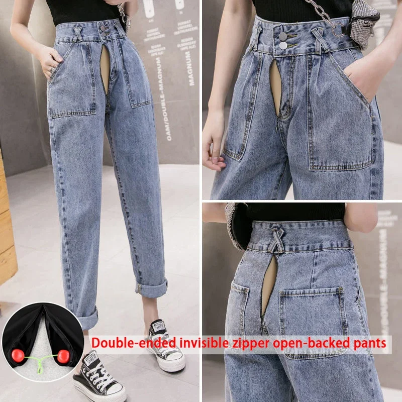 

Couple Outdoor Sex Open Crotch Pants Vintage Boyfriend Jeans Women High Waist Denim Y2k Trousers Baggy Harem Casual Streetwear