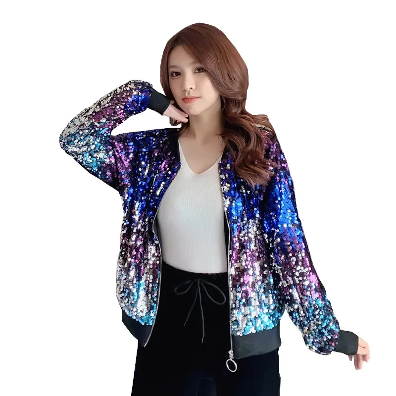 Women Spring New Glittering Sequins Embroidery Long-sleeved Loose Coat Female Temperament Cardigan Sports Short Jacket