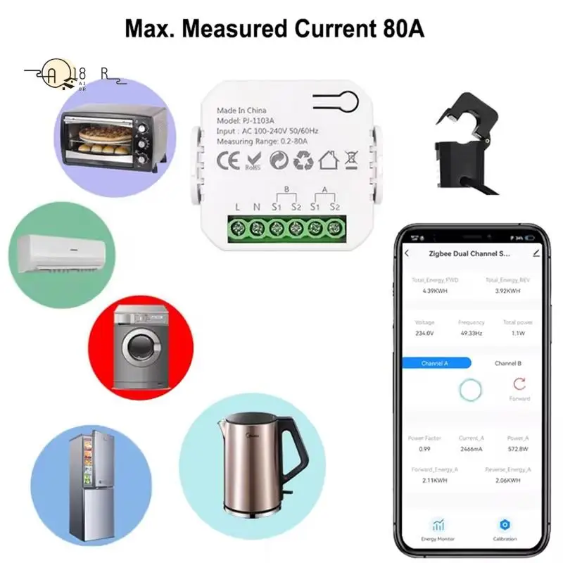 

A18R-Tuya Smart Life Wi-Fi энергетический монитор двунаправленный 1-канальный монитор с зажимом CT App Monitor