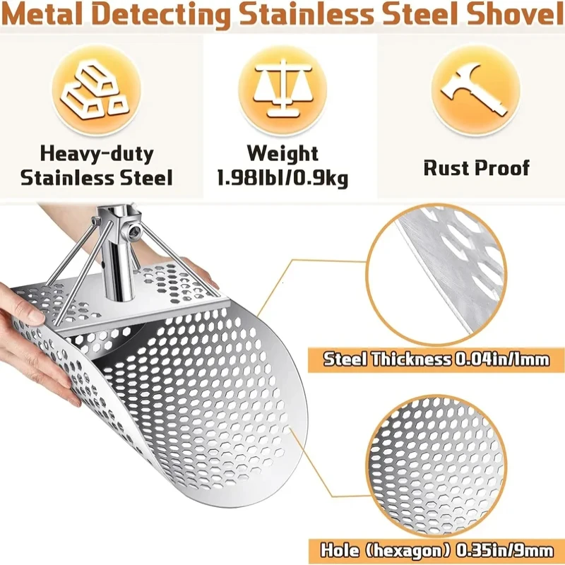 Beach Treasure Hunting Sand Scoop For Metal Detecting Hand Held Stainless Steel With Hexahedron 7Mm Holes Fast Underwater Search