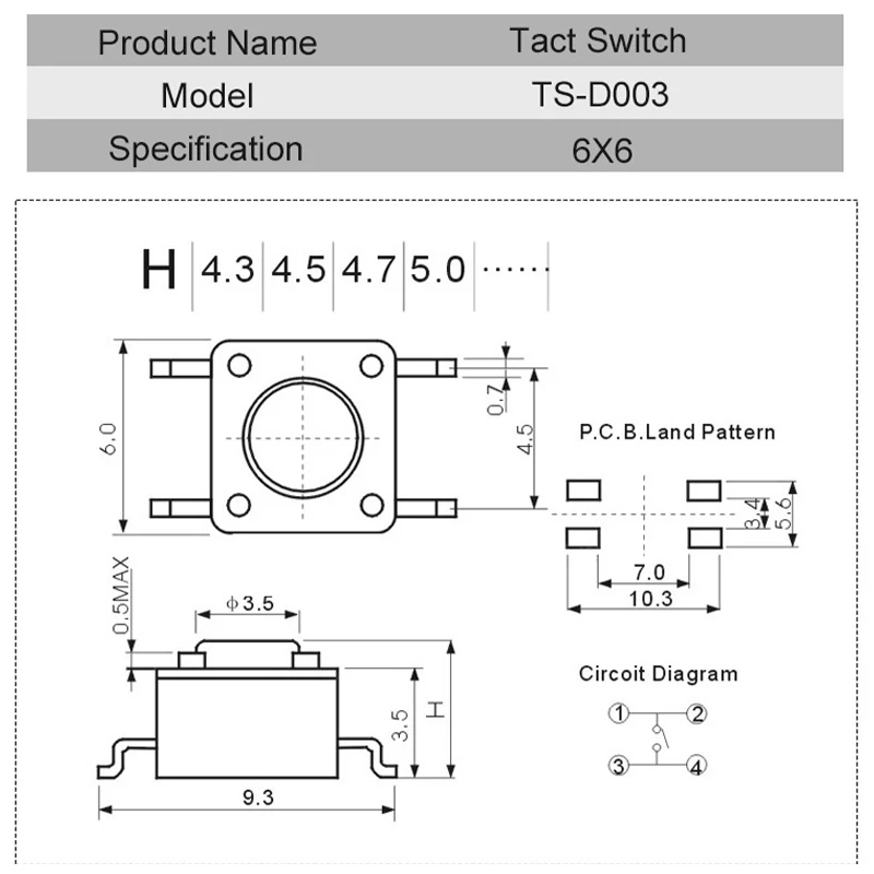 20Pcs/50Pcs 4Pin 6*6mm Micro Tact Button Switch Touch Micro Switch Toy/Home Button Switch 6x6x4.3/5/6/7/8/9/10/13 MM