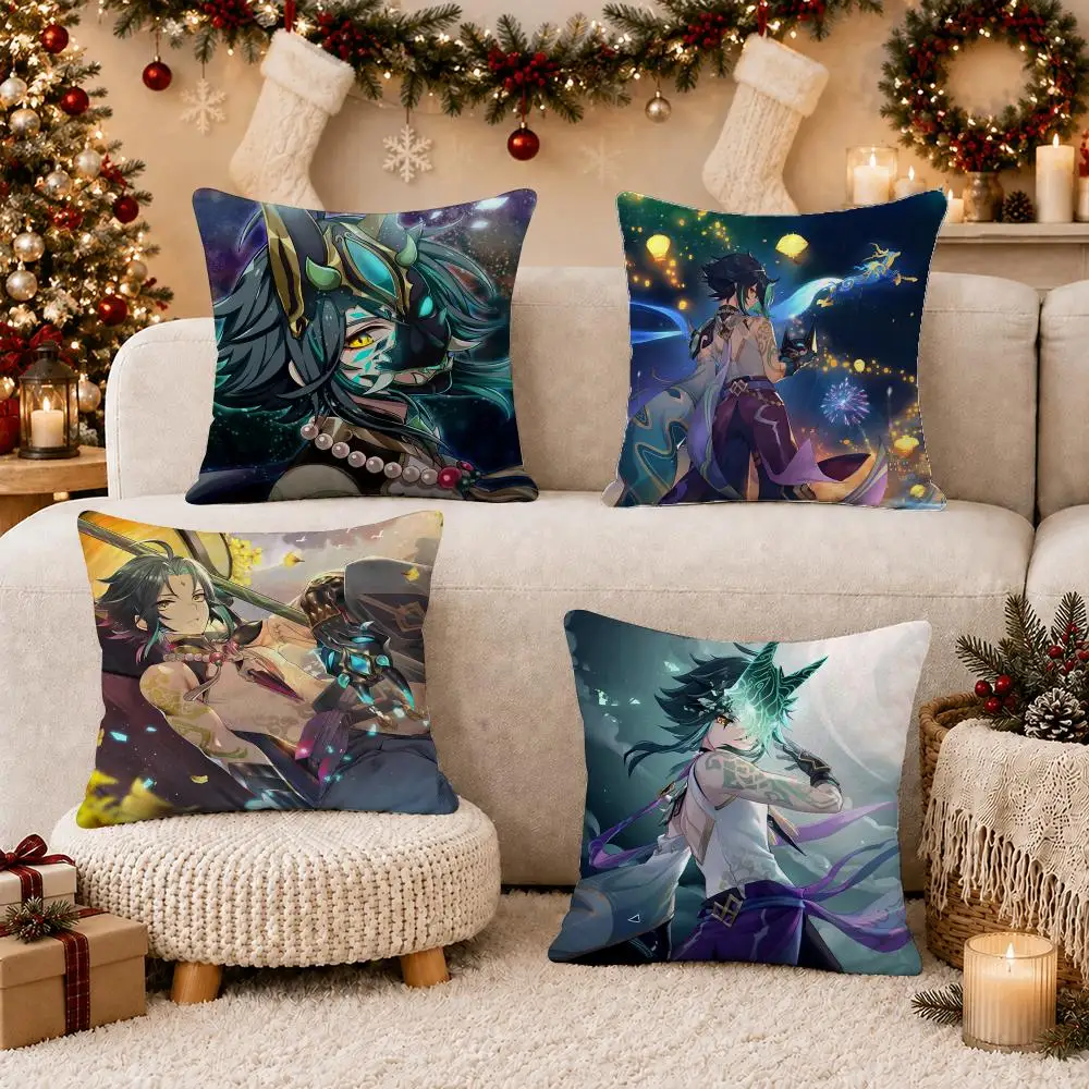 Game G-Genshin Impact Xiao Cushion Cover Soft Short Plush Pillow Case Cushion Cover for Living Room Sofa Decor
