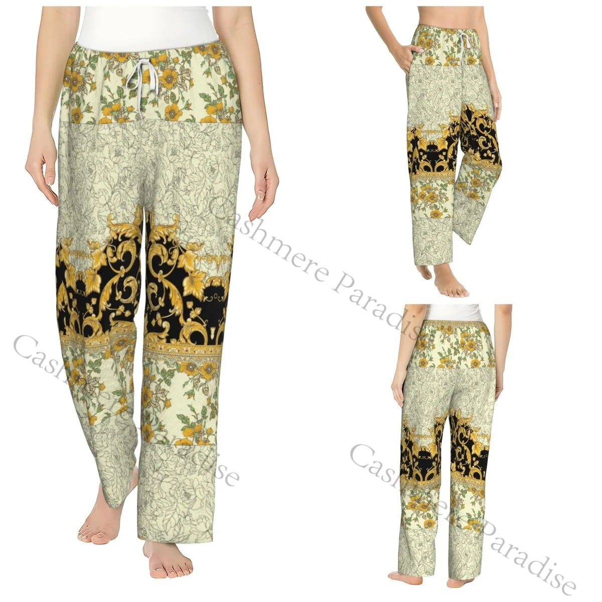 

Golden Baroque Flowers Flannel Pajama Pants for Women Soft Warm Sleep Pants with Elastic Waistband