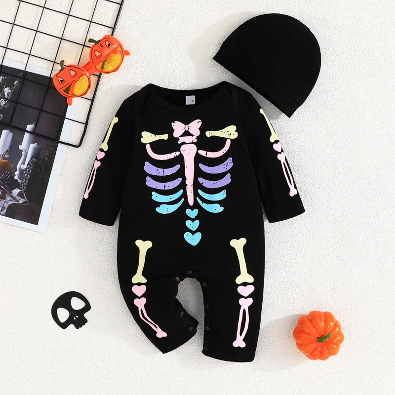 2024-06-12 Lioraitiin 0-18M Baby 2Pcs Halloween Outfits Long Sleeve O-Neck Skeleton Print Jumpsuit with Hat Set Infant Clothes