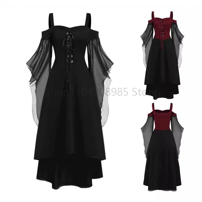 

Retro Medieval Gothic Style Witch Costume Dress Irregular Hem Long Skirt Women's Strap Gown Regular Long Evening Gown
