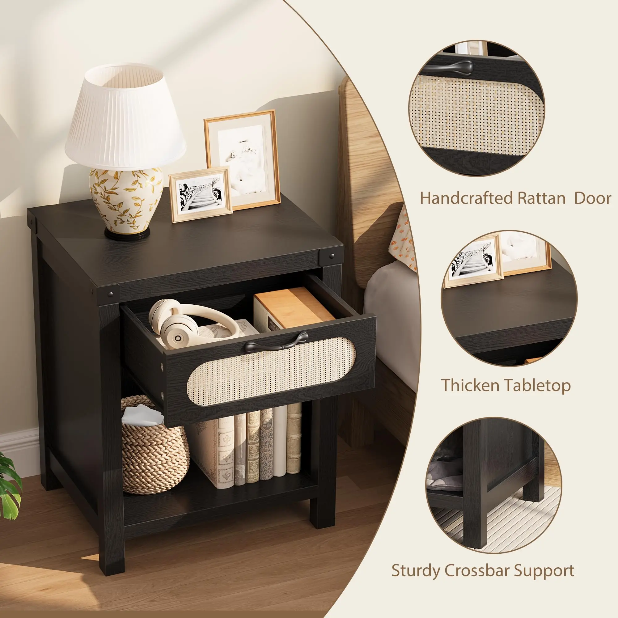 Rattan-Nachttische, Landhausstil Nachttisch, Nachttisch mit Schublade und offenem Regal, Boho Beistelltisch für Wohnzimmer, Schlafzimmer, Schwarz