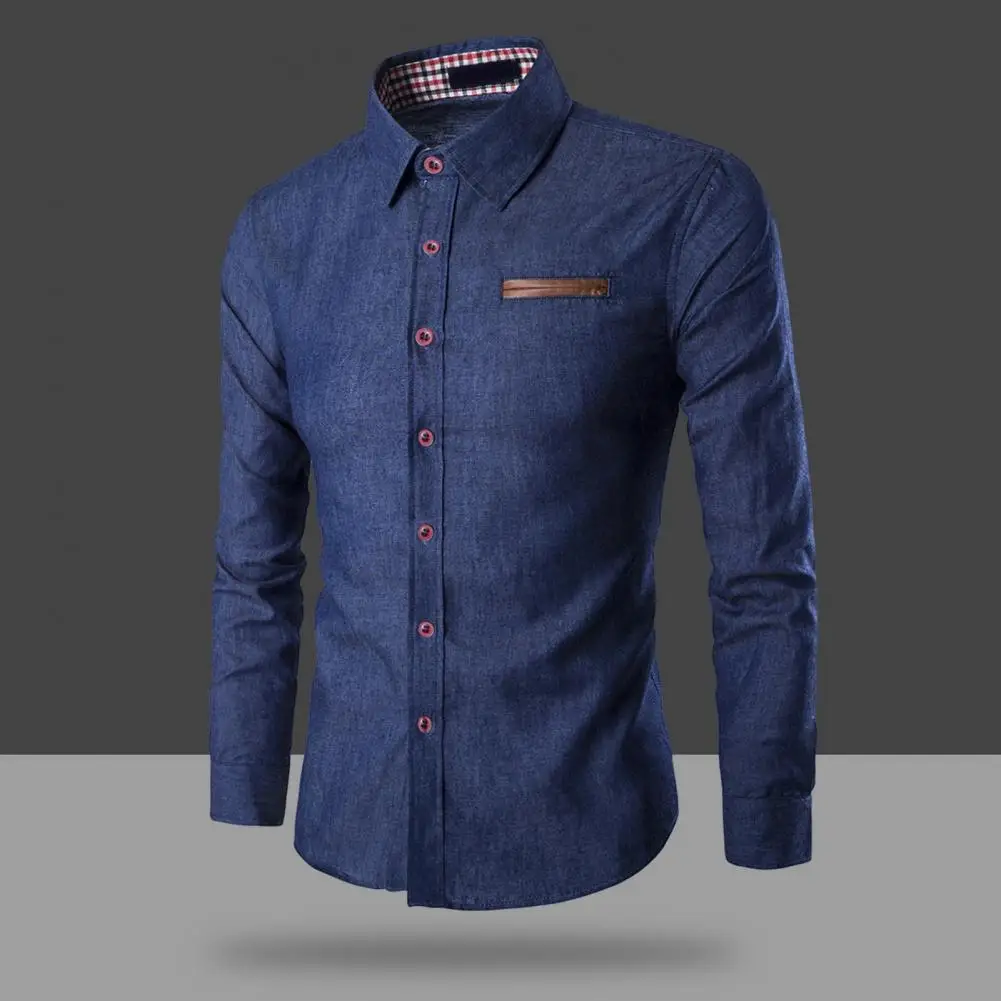 

Men Spring Autumn Shirt Solid Color Long Sleeve Single-breasted Versatile Slim Fit Lapel Shirt Top Streetwear
