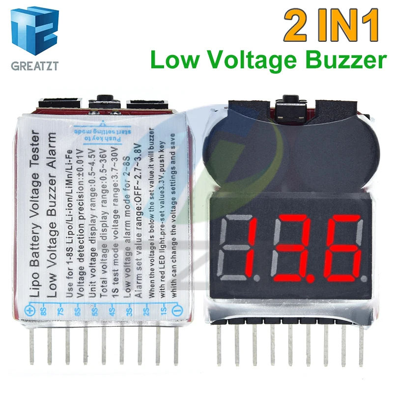 TZT 1-8S Lipo/Li-ion/Fe RC helicopter airplane boat etc Battery Voltage 2 IN1 Tester Low Voltage Buzzer Alarm