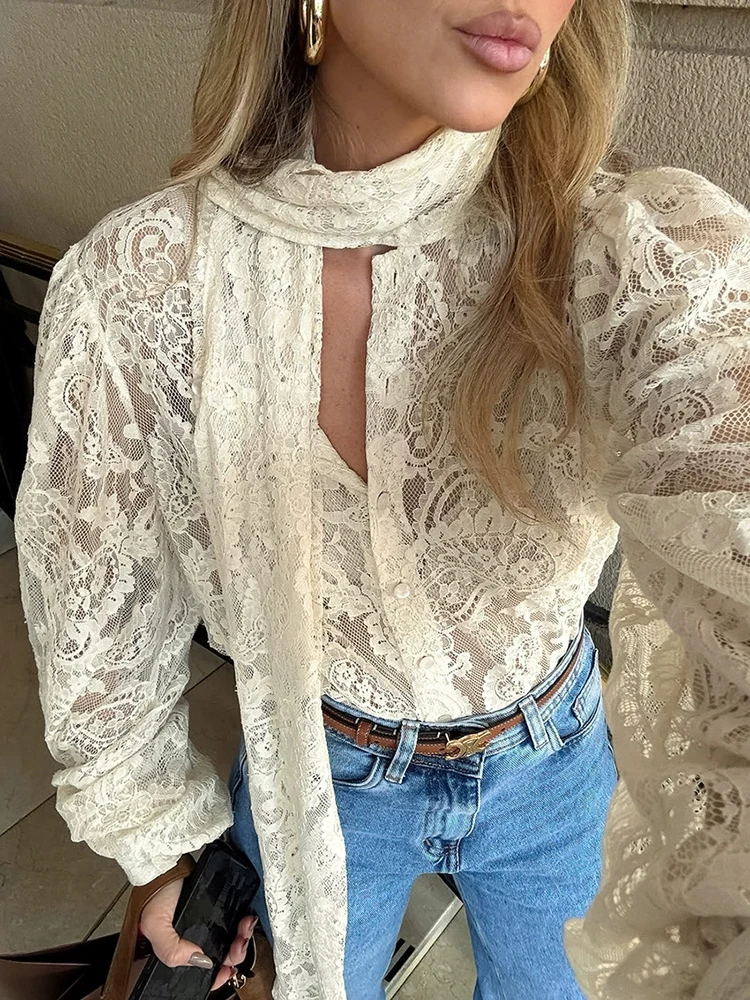 

2026 Women Elegant Scarf Neck Spring Summer Shirts Fashion Lace Hollow Embroidery Tops See Through Lantern Sleeve Street Blouse
