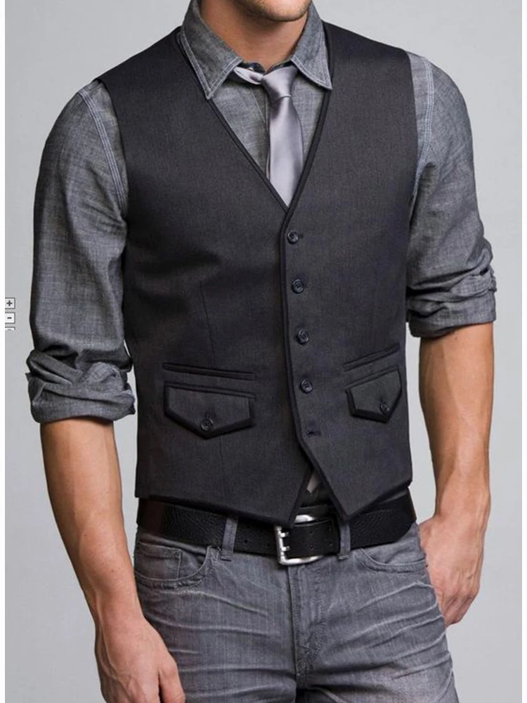 

Men's Suit Vest Coffee Cut Vintage Workwear Single Breasted Business Casual Slim Fit Sleeveless Jacket