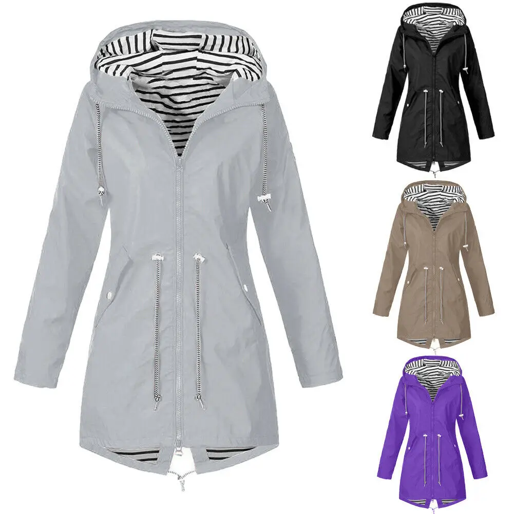 

Women's Mid-Length Hooded Dstring Jaet Color Pure Color Zipper Sve Long Thiened Hooded Coat Autumn Faion