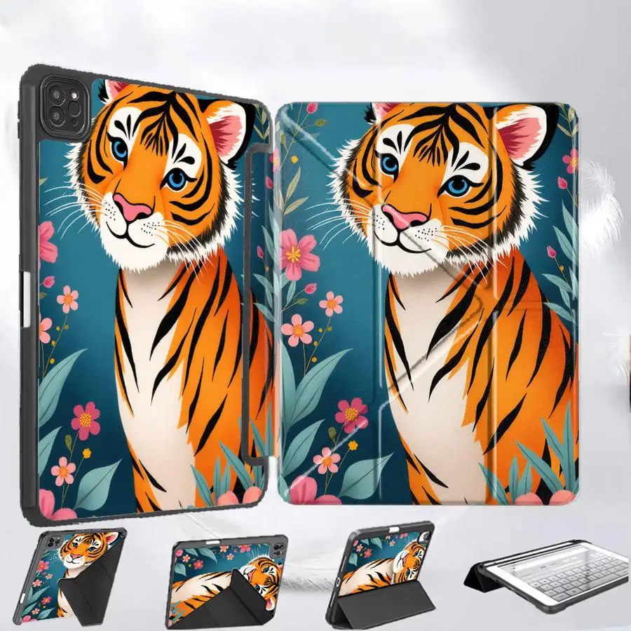 

Чехол для планшета iPad Mini 6 7 Air 4 5 M3 M2 M4 11 дюймов Pro 11th 10th 9th 8th 7th 12.9 дюймов Pro 2025 с держателем, дизайн «Крутой Тигр»