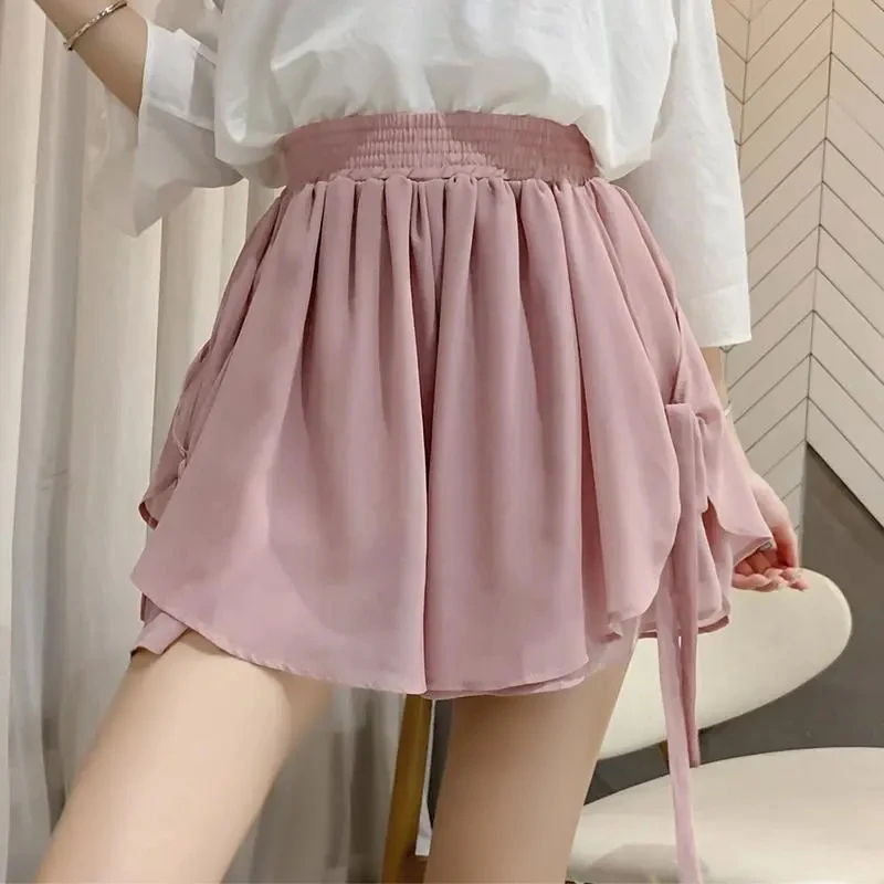 

Summer Korean Style Wide Female Short Pants Aesthetic Elegant New In Design XL Baggy Casual Women's Elastic Waist Chiffon Shorts